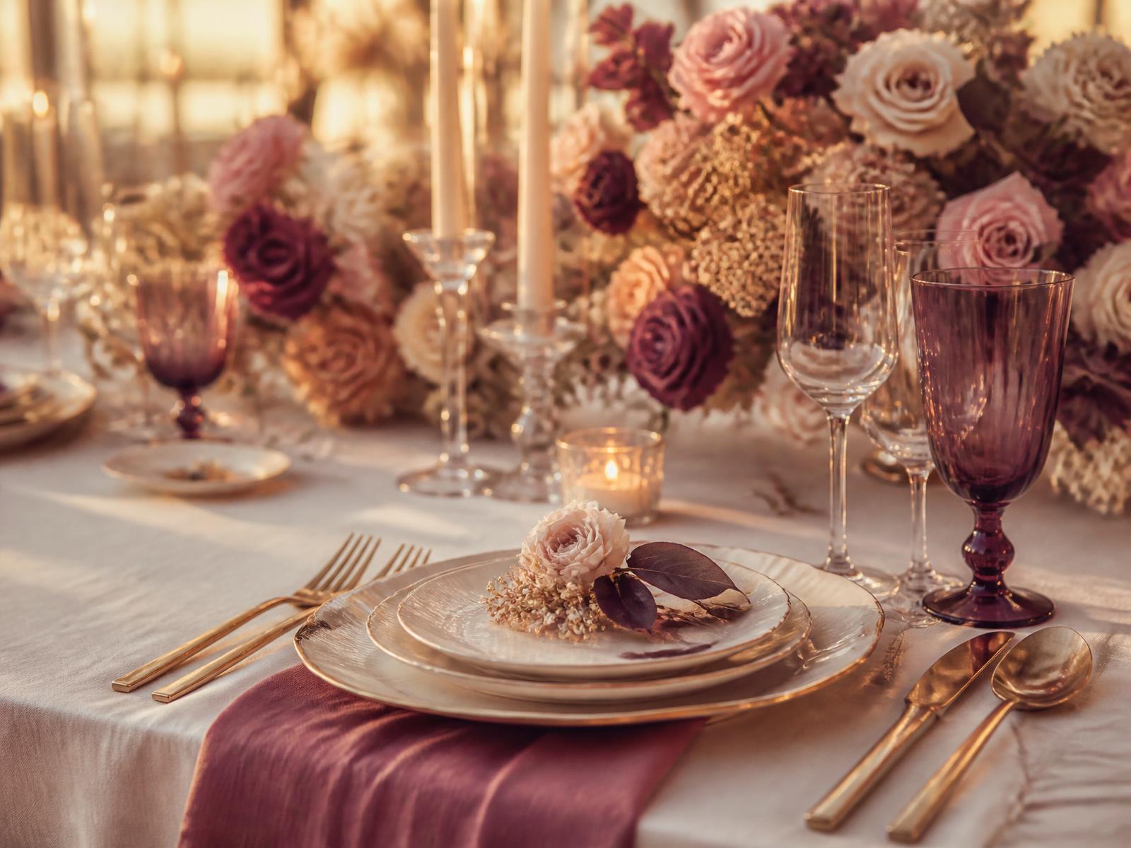 Elegant celebration table set with gold cutlery, candles and blush florals